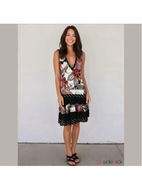 Joseph Ribkoff Floral Black and White Dress mixed media, V neck, size 12